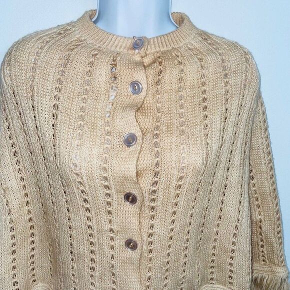 Womens Sweater Poncho OS Beige Sleeveless Cable Knit Fringe One Size - Picture 3 of 9